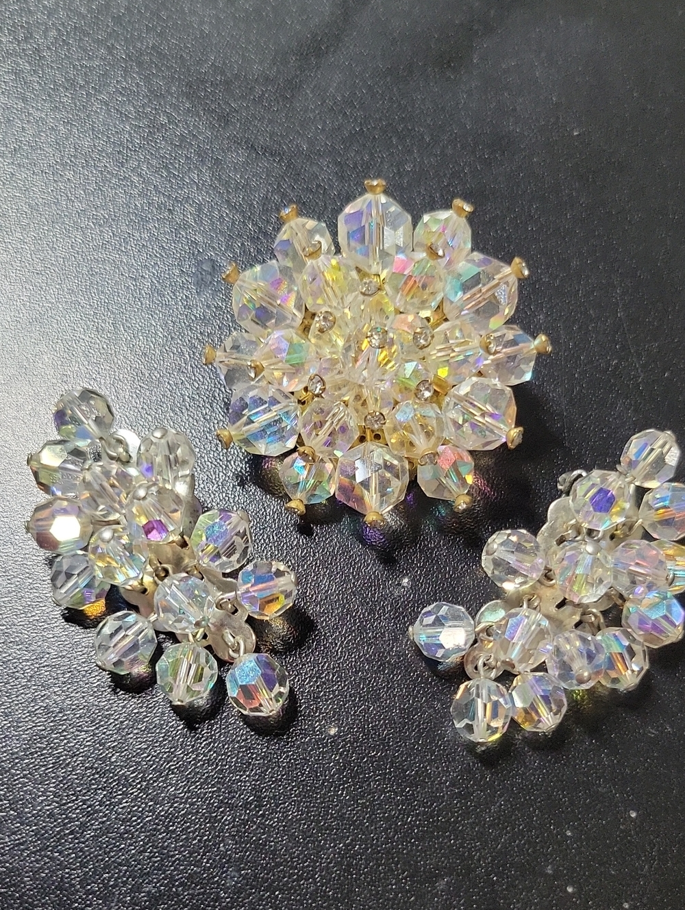 Aurora Crystal Cluster Earrings and Brooch Set - Clear Aurora Borealis